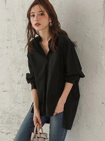 ブラック カジュアルスタンドカラーバットウィングスリーブイリュージョンブルーロングスリーブハイローデザインボタントップシャツとブラウストップスレディースファッション