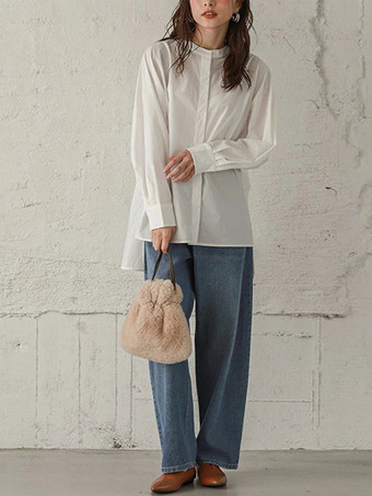 カジュアルスタンドカラーバットウィングスリーブイリュージョンブルーロングスリーブハイローデザインボタントップシャツとブラウストップスレディースファッション