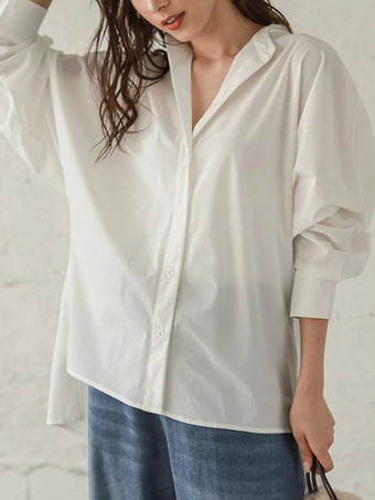 ホワイト カジュアルスタンドカラーバットウィングスリーブイリュージョンブルーロングスリーブハイローデザインボタントップシャツとブラウストップスレディースファッション