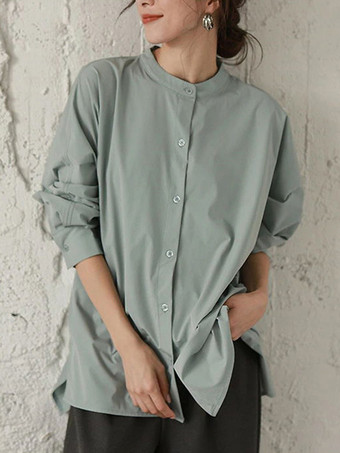 カジュアルスタンドカラーバットウィングスリーブイリュージョンブルーロングスリーブハイローデザインボタントップシャツとブラウストップスレディースファッション