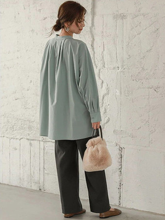 カジュアルスタンドカラーバットウィングスリーブイリュージョンブルーロングスリーブハイローデザインボタントップシャツとブラウストップスレディースファッション