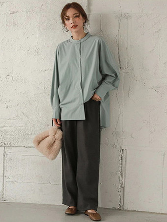 カジュアルスタンドカラーバットウィングスリーブイリュージョンブルーロングスリーブハイローデザインボタントップシャツとブラウストップスレディースファッション