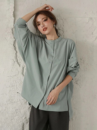 グレーブルーカジュアルスタンドカラーバットウィングスリーブイリュージョンブルーロングスリーブハイローデザインボタントップシャツとブラウストップスレディースファッション