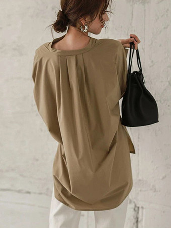 カジュアルスタンドカラーバットウィングスリーブイリュージョンブルーロングスリーブハイローデザインボタントップシャツとブラウストップスレディースファッション