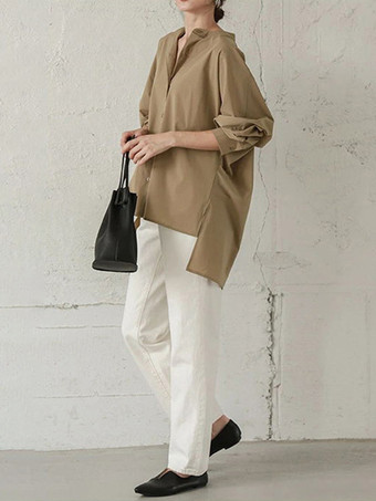 カジュアルスタンドカラーバットウィングスリーブイリュージョンブルーロングスリーブハイローデザインボタントップシャツとブラウストップスレディースファッション