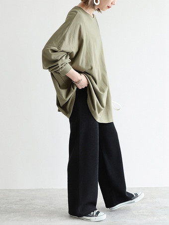 カジュアルジュエルネックグレー長袖トップスチュニックトップスレディースファッション