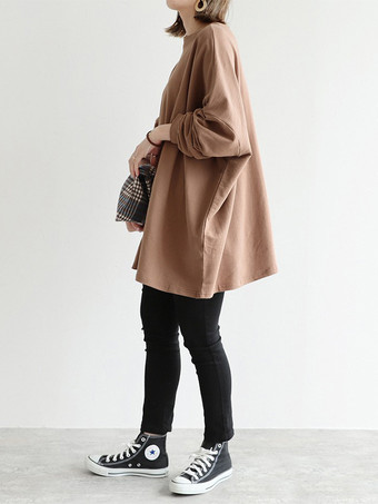 カジュアルジュエルネックグレー長袖トップスチュニックトップスレディースファッション