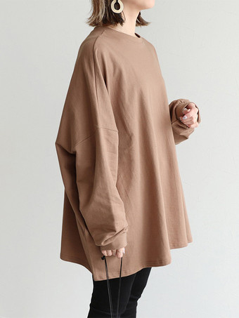 カジュアルジュエルネックグレー長袖トップスチュニックトップスレディースファッション