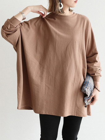 ライトブラウンカジュアルジュエルネックグレー長袖トップスチュニックトップスレディースファッション