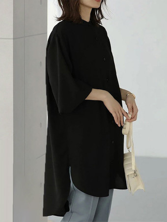 ブラック カジュアルスタンドカラーライトグリーン長袖ハイローデザインボタントップチュニックトップスレディースファッション