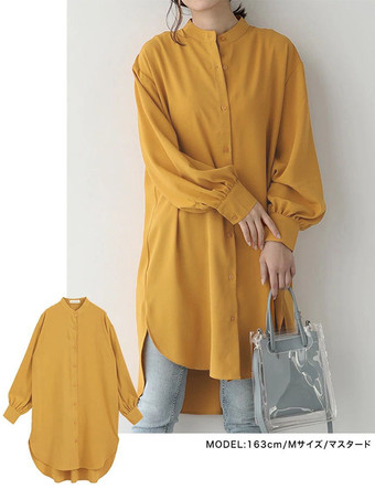 イエローカジュアルスタンドカラーライトグリーン長袖ハイローデザインボタントップチュニックトップスレディースファッション