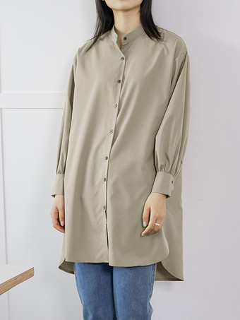 アプリコットカジュアルスタンドカラーライトグリーン長袖ハイローデザインボタントップチュニックトップスレディースファッション