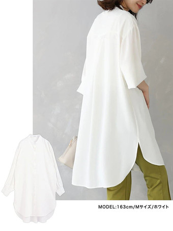 カジュアルスタンドカラーライトグリーン長袖ハイローデザインボタントップチュニックトップスレディースファッション