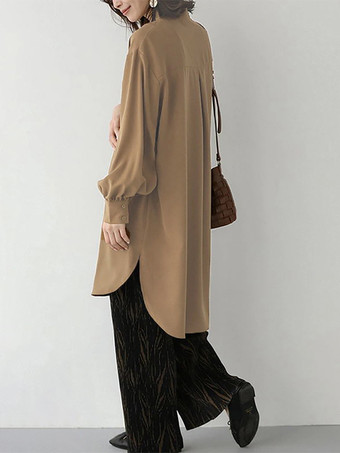 カジュアルスタンドカラーライトグリーン長袖ハイローデザインボタントップチュニックトップスレディースファッション