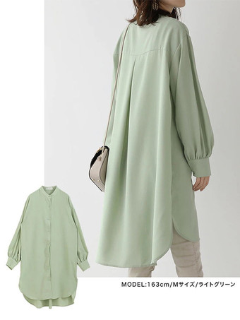 カジュアルスタンドカラーライトグリーン長袖ハイローデザインボタントップチュニックトップスレディースファッション