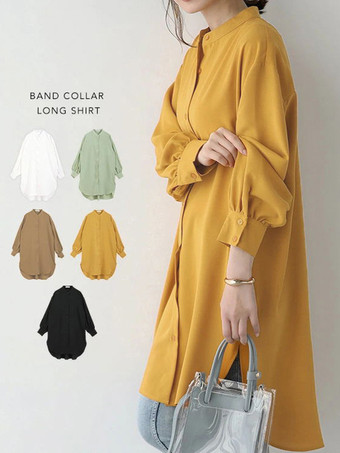 カジュアルスタンドカラーライトグリーン長袖ハイローデザインボタントップチュニックトップスレディースファッション