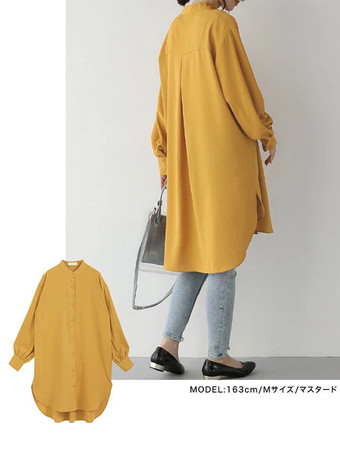 カジュアルスタンドカラーライトグリーン長袖ハイローデザインボタントップチュニックトップスレディースファッション