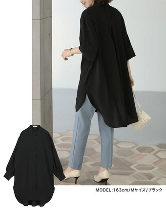 カジュアルスタンドカラーライトグリーン長袖ハイローデザインボタントップチュニックトップスレディースファッション