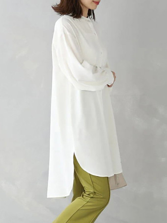 カジュアルスタンドカラーライトグリーン長袖ハイローデザインボタントップチュニックトップスレディースファッション