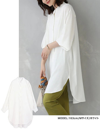 カジュアルスタンドカラーライトグリーン長袖ハイローデザインボタントップチュニックトップスレディースファッション