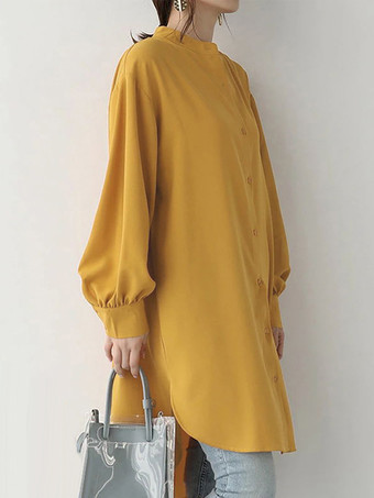 カジュアルスタンドカラーライトグリーン長袖ハイローデザインボタントップチュニックトップスレディースファッション