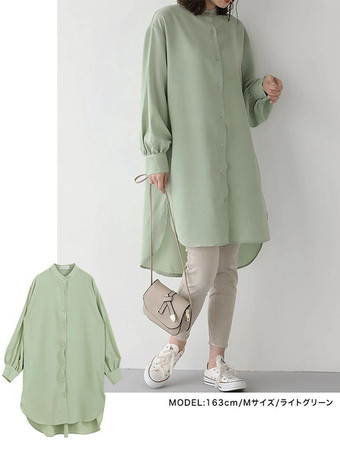 カジュアルスタンドカラーライトグリーン長袖ハイローデザインボタントップチュニックトップスレディースファッション