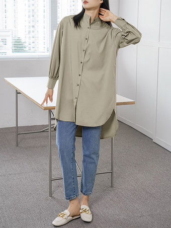 カジュアルスタンドカラーライトグリーン長袖ハイローデザインボタントップチュニックトップスレディースファッション