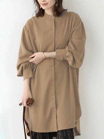 ライトブラウンカジュアルスタンドカラーライトグリーン長袖ハイローデザインボタントップチュニックトップスレディースファッション
