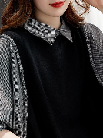 シックなターンダウンカラーの黒の長袖ツートンフェイクツーピーススタイルトップスシャツとブラウストップスレディースファッション