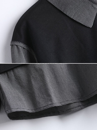 シックなターンダウンカラーの黒の長袖ツートンフェイクツーピーススタイルトップスシャツとブラウストップスレディースファッション