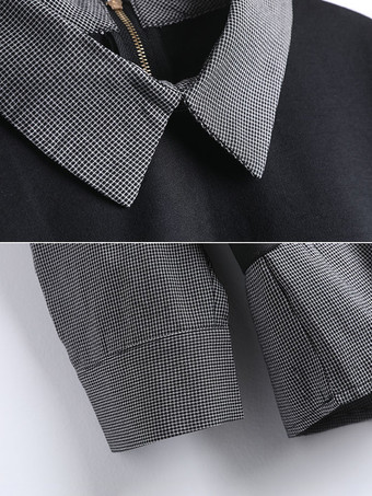 シックなターンダウンカラーの黒の長袖ツートンフェイクツーピーススタイルトップスシャツとブラウストップスレディースファッション