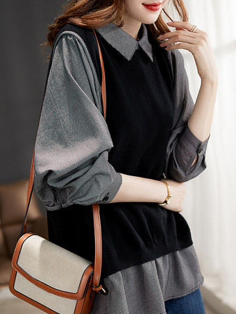 シックなターンダウンカラーの黒の長袖ツートンフェイクツーピーススタイルトップスシャツとブラウストップスレディースファッション