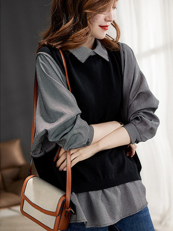 ブラック シックなターンダウンカラーの黒の長袖ツートンフェイクツーピーススタイルトップスシャツとブラウストップスレディースファッション