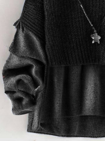 エレガントなジュエルネックグレー長袖ツートンフェイクツーピーススタイルトップニットトップスレディースファッション