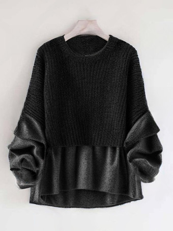 ブラック エレガントなジュエルネックグレー長袖ツートンフェイクツーピーススタイルトップニットトップスレディースファッション