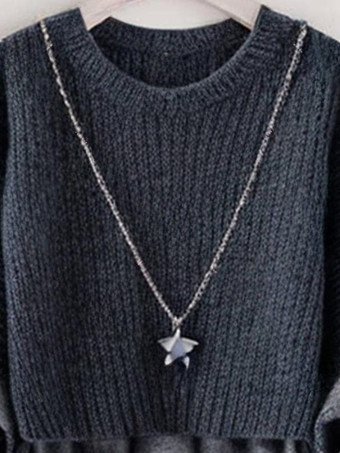 エレガントなジュエルネックグレー長袖ツートンフェイクツーピーススタイルトップニットトップスレディースファッション