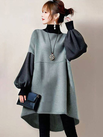 グリーン エレガントなハイカラーランタンスリーブグリーンロングスリーブツートンハイローデザイントップスチュニックトップスレディースファッション