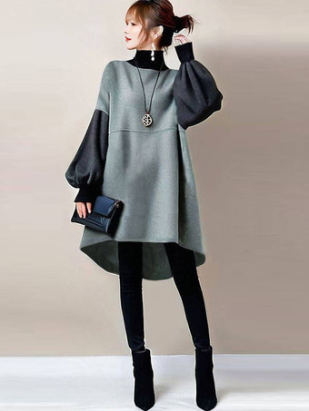 エレガントなハイカラーランタンスリーブグリーンロングスリーブツートンハイローデザイントップスチュニックトップスレディースファッション