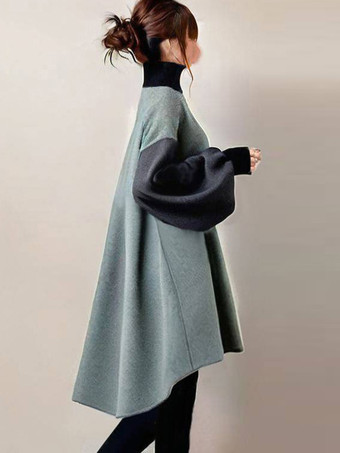 エレガントなハイカラーランタンスリーブグリーンロングスリーブツートンハイローデザイントップスチュニックトップスレディースファッション