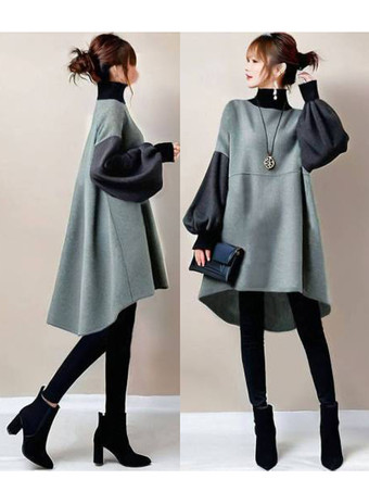 エレガントなハイカラーランタンスリーブグリーンロングスリーブツートンハイローデザイントップスチュニックトップスレディースファッション