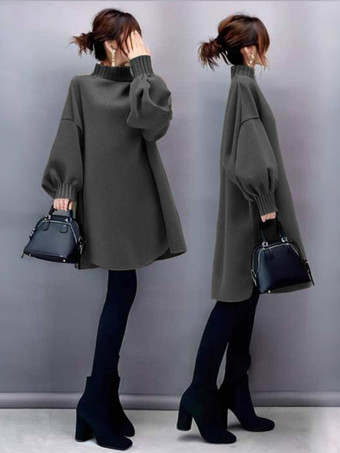 ダークグレー エレガントなハイカラーランタンスリーブカーキロングスリーブハイローデザイントップスチュニックトップスレディースファッション