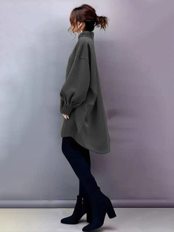 エレガントなハイカラーランタンスリーブカーキロングスリーブハイローデザイントップスチュニックトップスレディースファッション