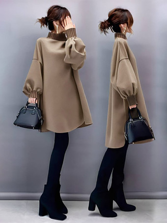 エレガントなハイカラーランタンスリーブカーキロングスリーブハイローデザイントップスチュニックトップスレディースファッション