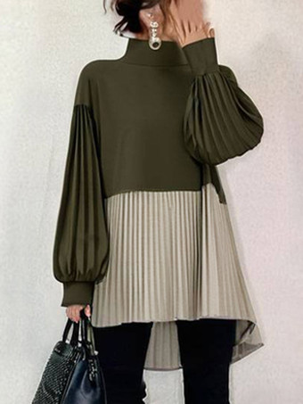 グリーン カジュアルハイカラーランタンスリーブグリーンロングスリーブツートンハイローデザインプリーツトップチュニックトップスレディースファッション
