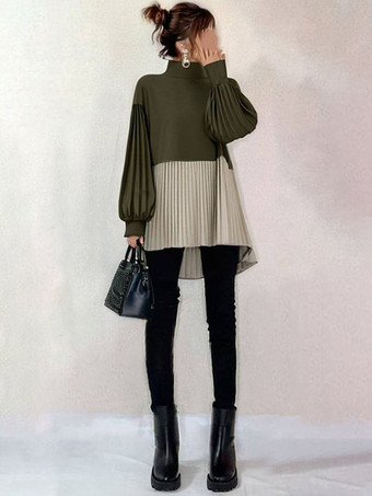 カジュアルハイカラーランタンスリーブグリーンロングスリーブツートンハイローデザインプリーツトップチュニックトップスレディースファッション