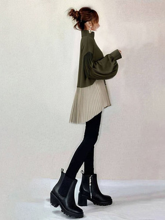 カジュアルハイカラーランタンスリーブグリーンロングスリーブツートンハイローデザインプリーツトップチュニックトップスレディースファッション