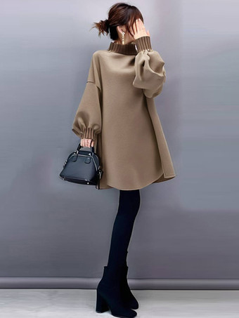 カーキ エレガントなハイカラーランタンスリーブカーキロングスリーブハイローデザイントップスチュニックトップスレディースファッション