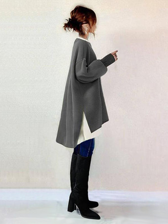 エレガントなジュエルネックグレー長袖ハイローデザイントップスチュニックトップスレディースファッション