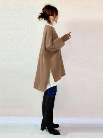 エレガントなジュエルネックグレー長袖ハイローデザイントップスチュニックトップスレディースファッション