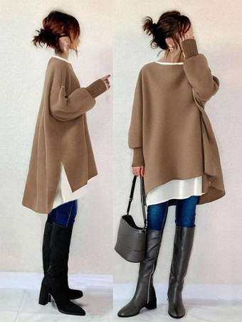 カーキ エレガントなジュエルネックグレー長袖ハイローデザイントップスチュニックトップスレディースファッション